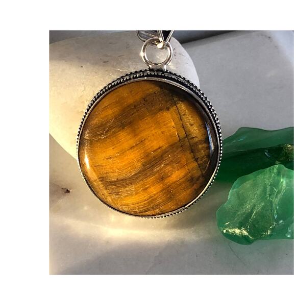 925 Sterling  Round Tiger Eye Pendant - Picture 2 of 6